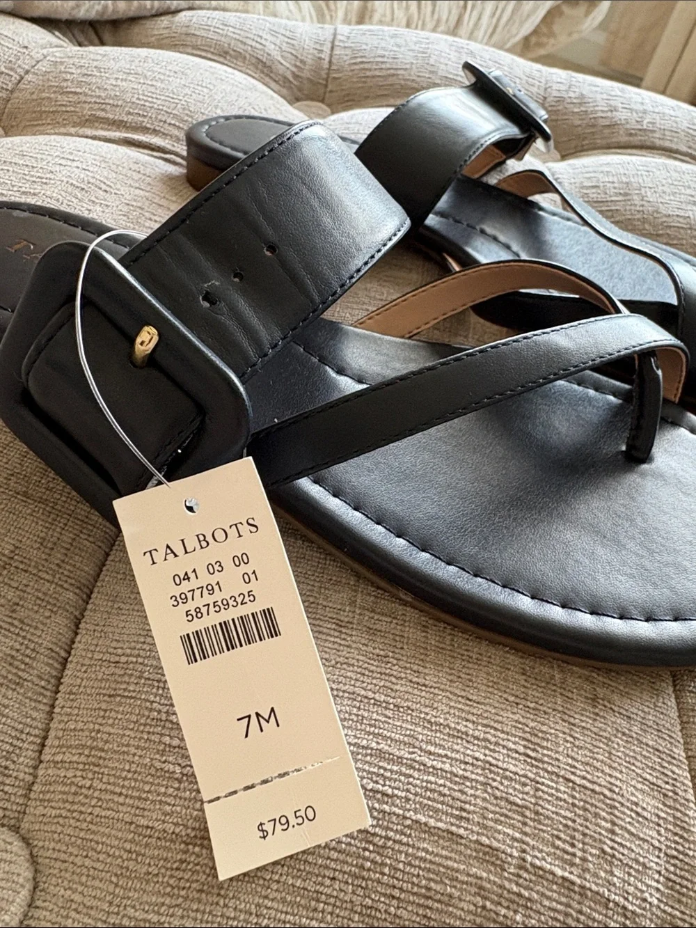 Talbots Navy Leather Buckle Thong Sandals with Wide Strap
